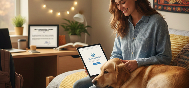 College student in dorm room holding a golden retriever and a legitimate ESA letter for housing.