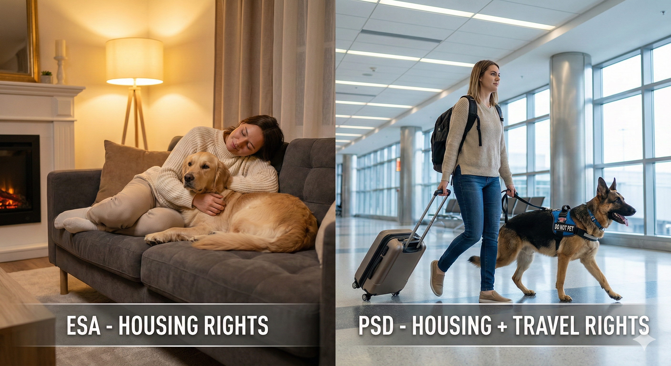 Comparison of Emotional Support Animal housing rights versus Psychiatric Service Dog travel rights under the FHA and ACAA.